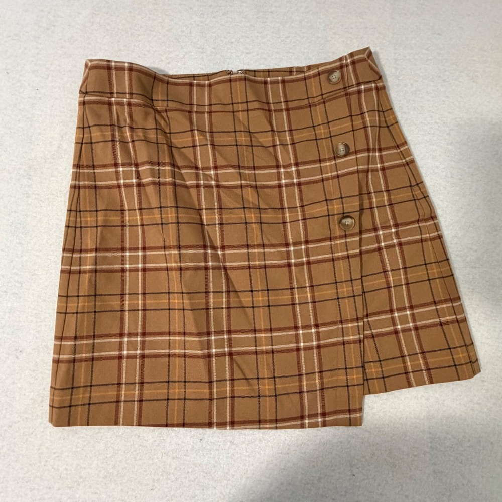 LOFT Outlet Brown Plaid Mini Skirt Side Button Wrap Effect Size 6 Lined